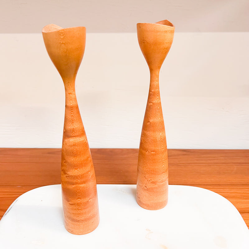 Nordic Simplicity: Pair of Scandinavian Hand-Carved Wooden Candlesticks