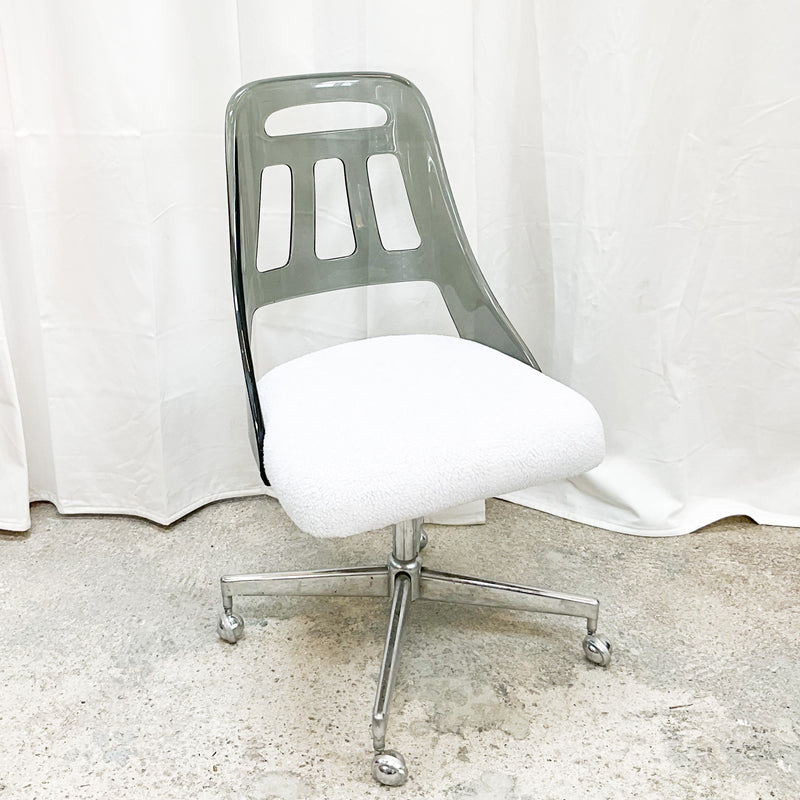 Reupholstered Acrylic & Chrome Frame Rolling Chair