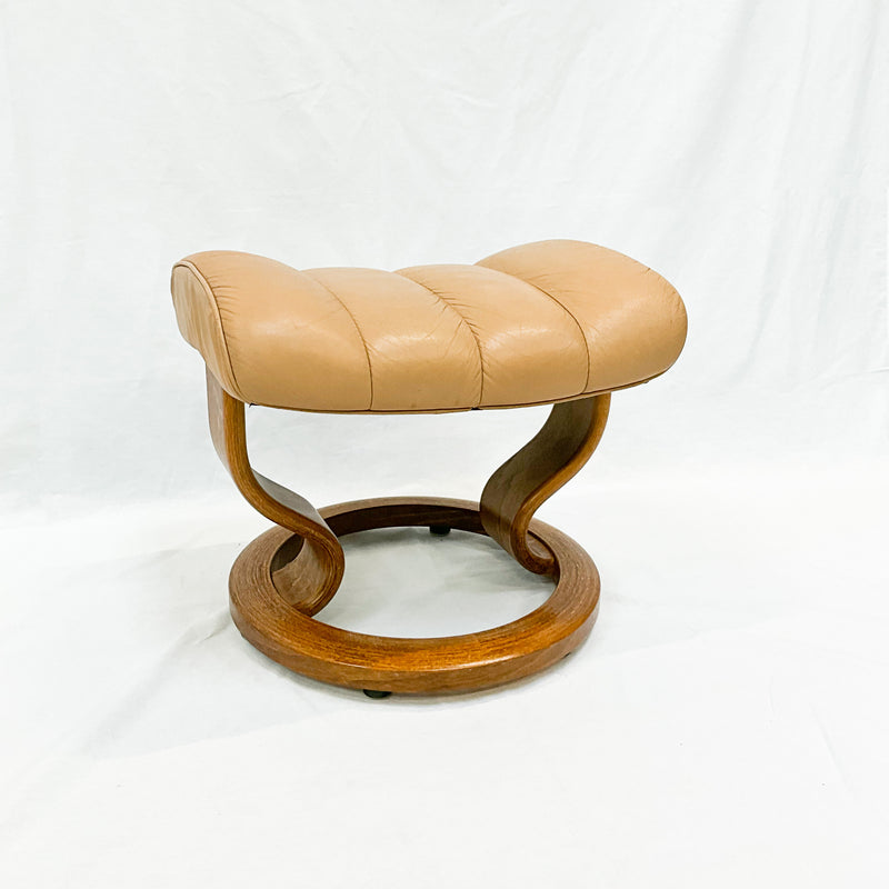 Curved Wood Leg (Brown Leather) Upholstered Ottoman