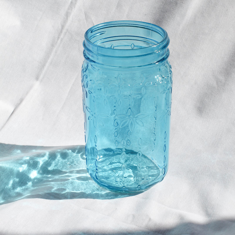 Bright Blue Mason Jar w/ Detailing