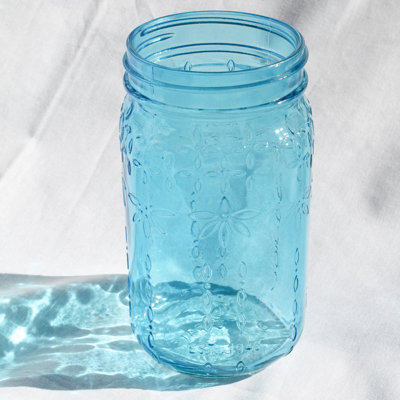 Bright Blue Mason Jar w/ Detailing