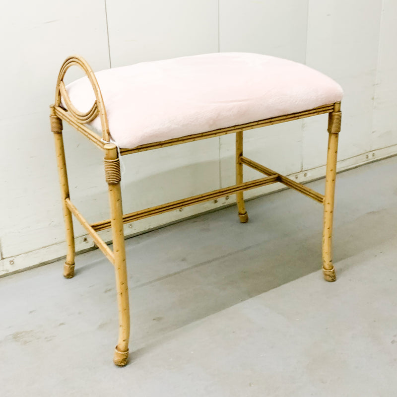 Vintage Soft Pink Bamboo Vanity Bench/Accent Stool - Newly Reupholstered