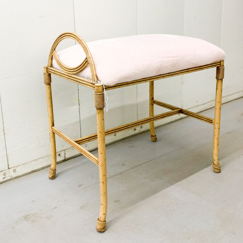 Vintage Soft Pink Bamboo Vanity Bench/Accent Stool - Newly Reupholstered