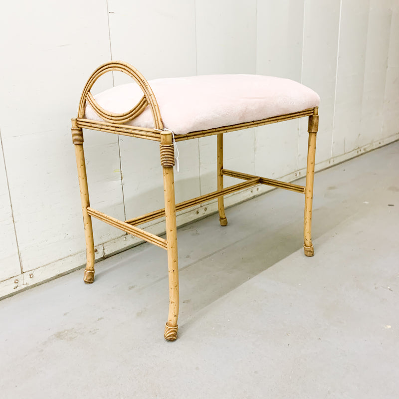 Vintage Soft Pink Bamboo Vanity Bench/Accent Stool - Newly Reupholstered