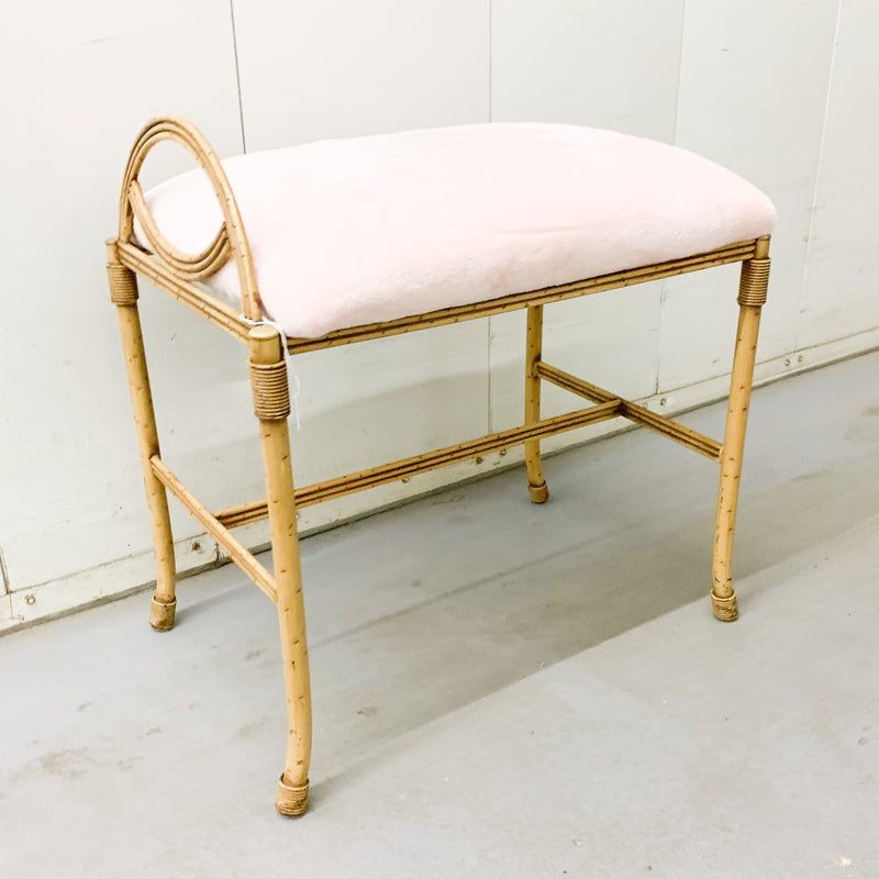 Vintage Soft Pink Bamboo Vanity Bench/Accent Stool - Newly Reupholstered