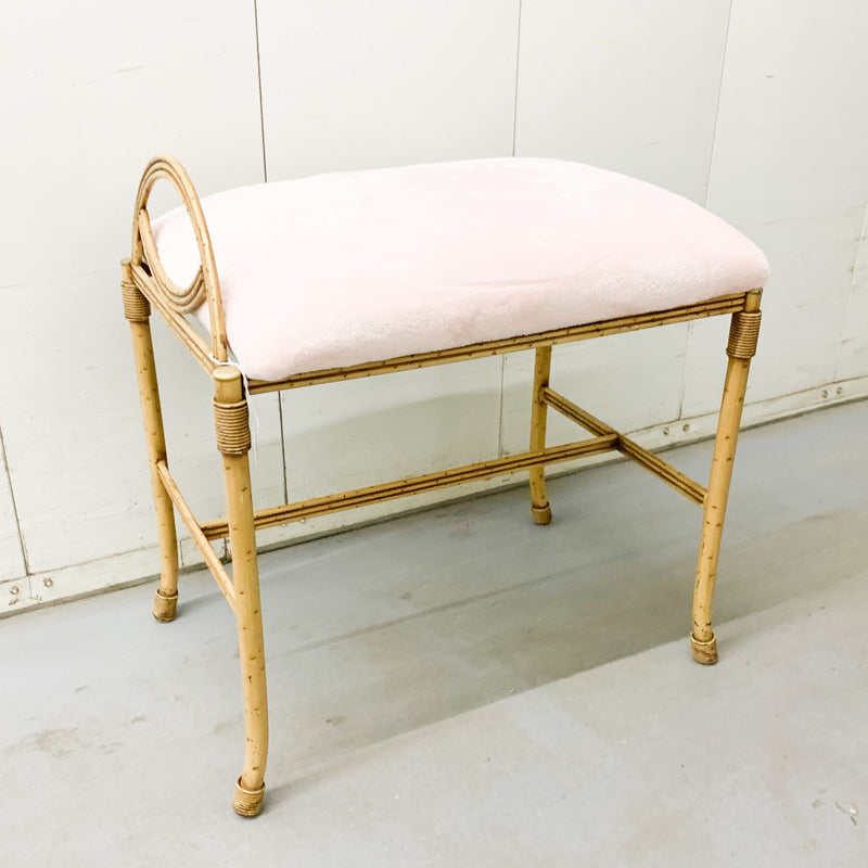 Vintage Soft Pink Bamboo Vanity Bench/Accent Stool - Newly Reupholstered